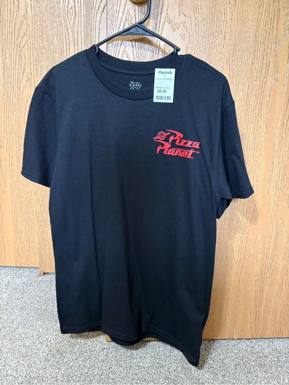 Marshalls Black T-Shirt with Red Pizza Planet Logo